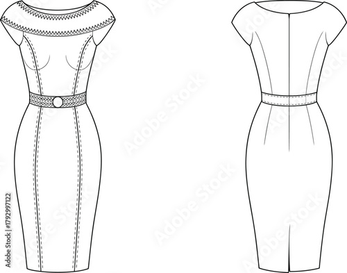 Elegant women's pencil dress fashion flat sketch, fitted silhouette design with belt and short sleeves, technical clothing drawing, vector template illustration