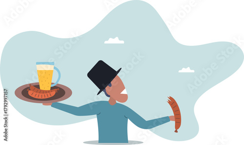 Satisfied customer of the bar with sausages and beer.