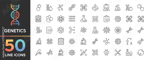Genetics line icons set, science symbols DNA research, laboratory flat design, editable vector illustrations, biotechnology innovation, isolated outline collection, minimalist