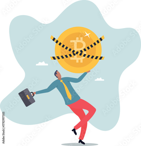 Bitcoin crypto currency banned, government monetary policy, Cryptocurrency crash or digital crime investigation.about a man and his life.