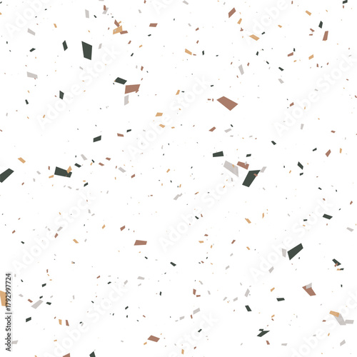 Terrazzo pattern with tiny scattered stone fragments in earthy tones on white background, ideal for modern surface design, wallpaper, and fabric