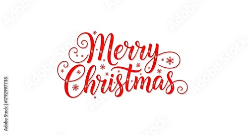 Elegant 'Merry Christmas' calligraphy in bright red with snowflake accents on white.