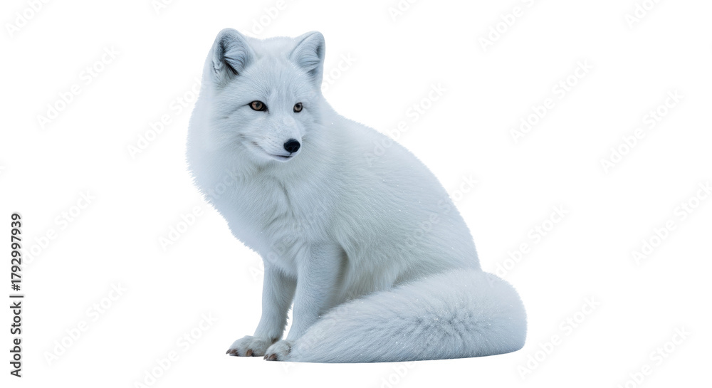 Naklejka premium Isolated arctic fox, vulpes lagopus, sits looking to left against neutral tone, winter