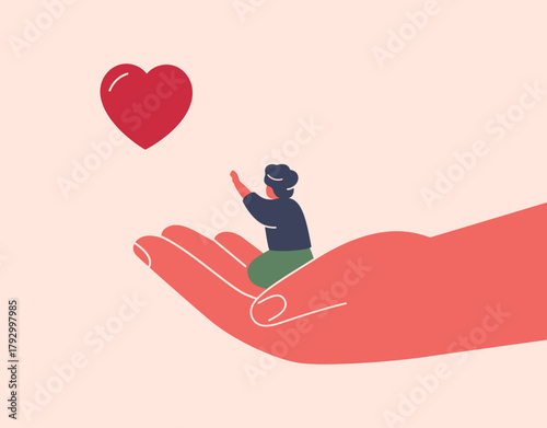 Adult supports child in achieving his dream. Small boy in his parent's hand reaches for red heart. Care and help for kids. Vector illustration