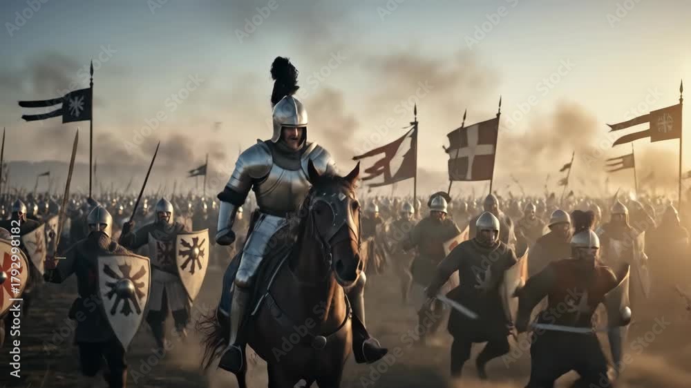 Male knight on horseback leading a medieval army with shields and ...