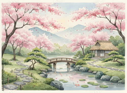 japanese garden in spring, generative ai	
