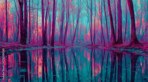 Symmetrical reflection of a vibrant, surreal forest scene upon still water