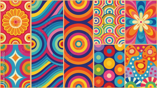 collection of vibrant abstract patterns featuring various colors and shapes, creating a visually dynamic composition..eps