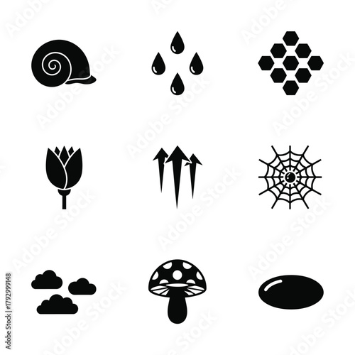 Collection of nine black and white silhouette icons representing nature and organic forms