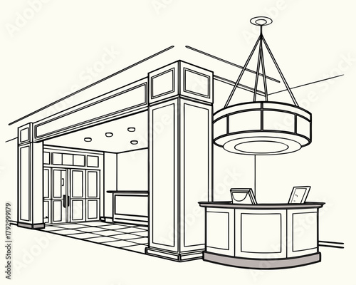Architectural interior with reception desk and chandelier