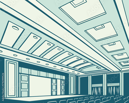Illustration of a conference room with stage and seating area, perspective view