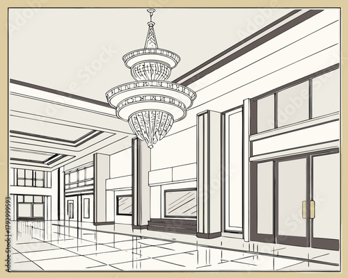 Illustration of a grand chandelier in a spacious hall