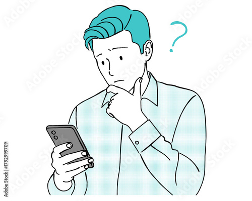 スマホを見ながら考える男性,疑問,ビジネス,IT,クエスチョン,スマートフォン,シンプル,ベクター