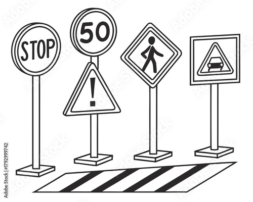 Illustration of various road signs with pedestrian crossing