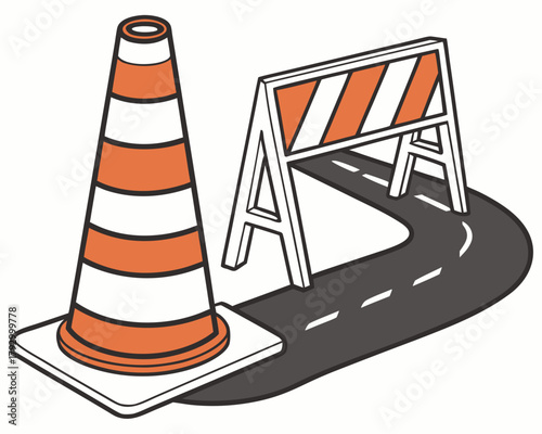 Isometric road construction with cone and barrier