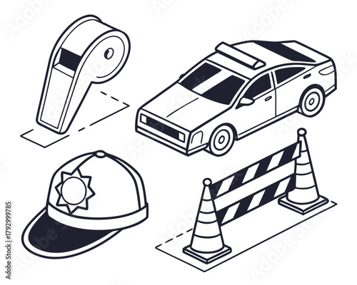 Isometric police equipment in black and white