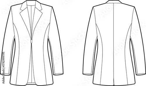 Fashion flat sketch of elegant women’s blazer jacket with long sleeves, lapel collar, front closure, tailored fit, and technical clothing design illustration