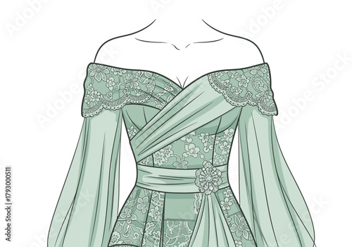 A dress with lace offtheshoulder design and flowing sleeves in a soft green hue is illustrated against a white backdrop