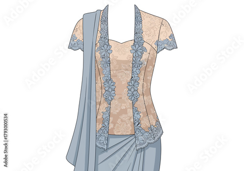 A fashion illustration featuring a lightblue floral kebaya top with draping scarf and skirt