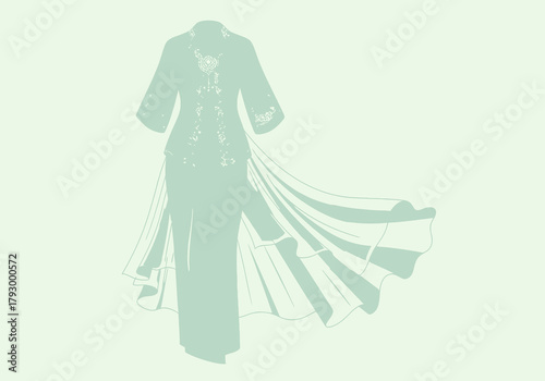 A light green dress with a detailed bodice and a flowing sheer panel on a matching light green background