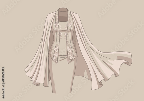 A garment ensemble with floral detail  a draped cape illustrated