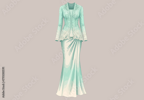 A mintcolored evening gown with a matching lace bolero jacket