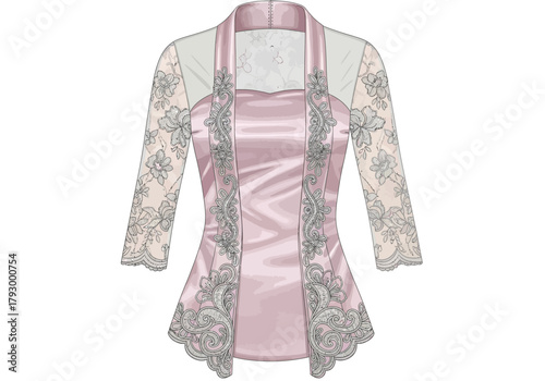 A pink satin kebaya with lace sleeves and edging
