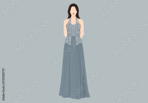 A woman is shown in a blue gown with lace accents against a light blue background