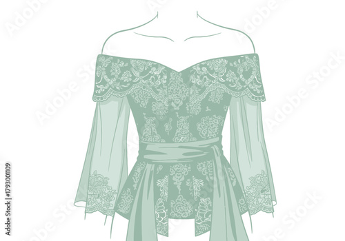 Lace dress with offtheshoulder neckline and flowing sleeves featuring a belted waist and intricate floral patterns