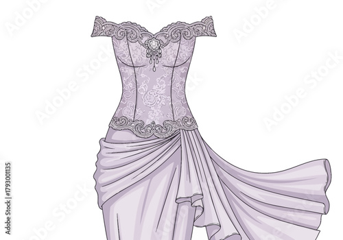 Lavender gown with ornate bodice draped skirt and offshoulder sleeves