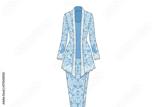 Pale blue lace baju kurung with floral patterns open front and matching skirt presented in a fashion illustration style