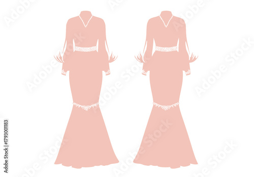 Two peach gown silhouettes w white lace sleeves trimmed with feathers