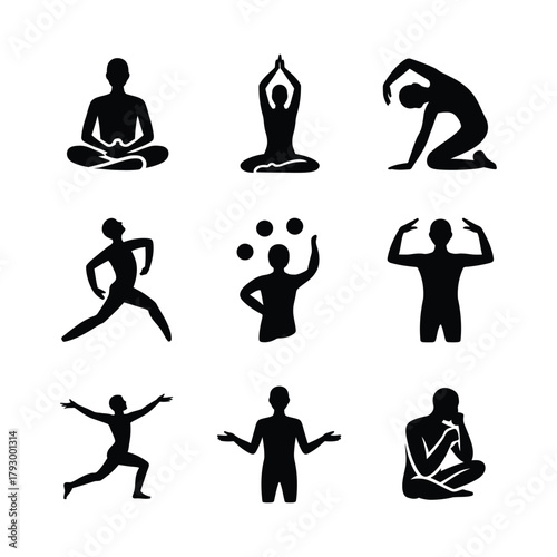 Collection of silhouetted human figures demonstrating various yoga poses and athletic movements