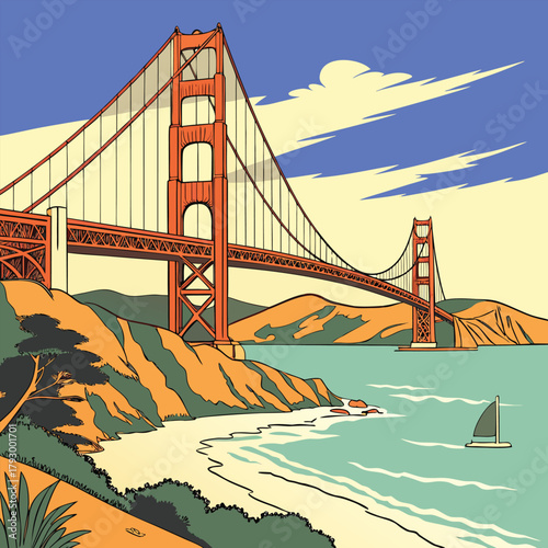 The Golden Gate Bridge is a famous red suspension bridge in San Francisco, California, spanning the Golden Gate strait connecting the Pacific Ocean and the San Francisco Bay