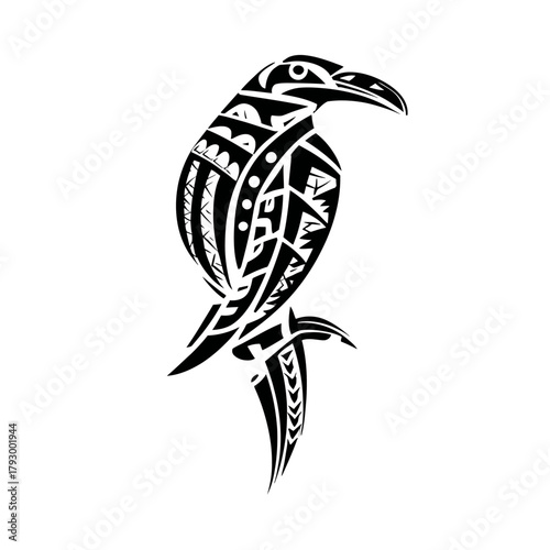 Intricate black and white raven tattoo design on white background