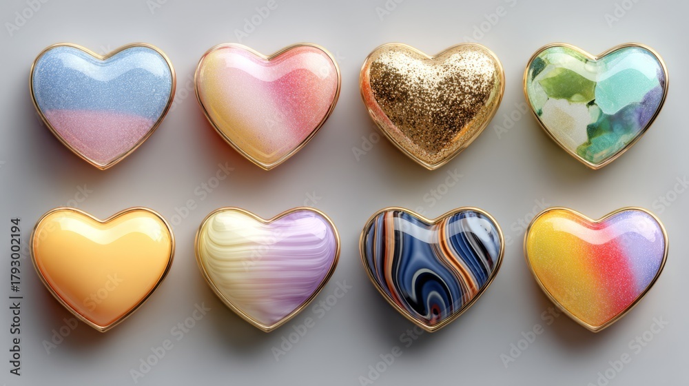 Fototapeta premium Decorative hearts, glamorous, with glitter and patterns, for love and romance, on a grey background