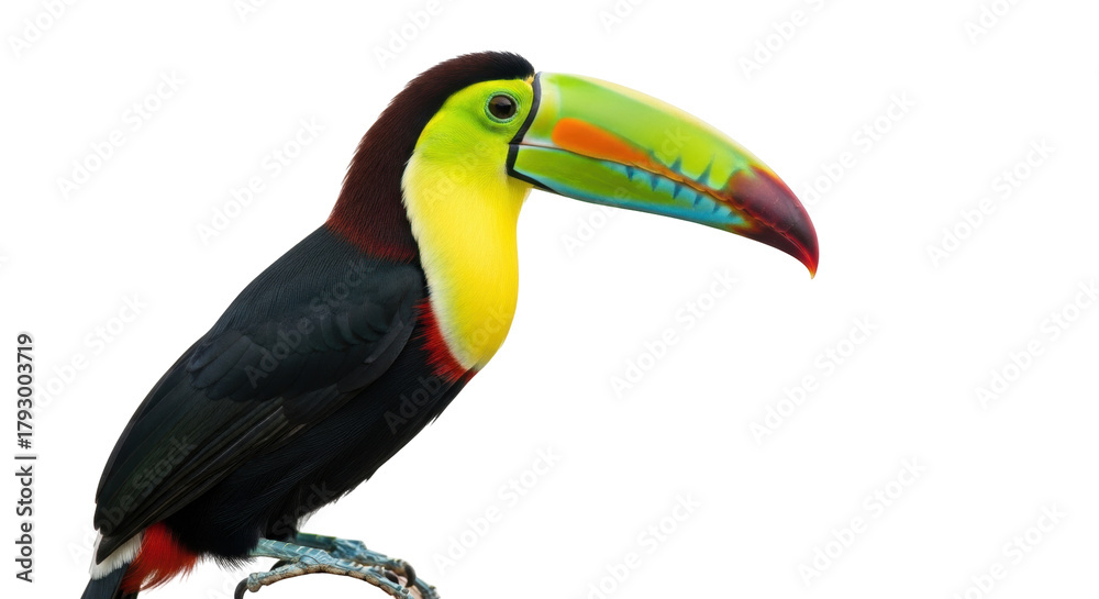Fototapeta premium Isolated keel-billed toucan with a large colorful beak, standing on a branch, side view, tropical bird