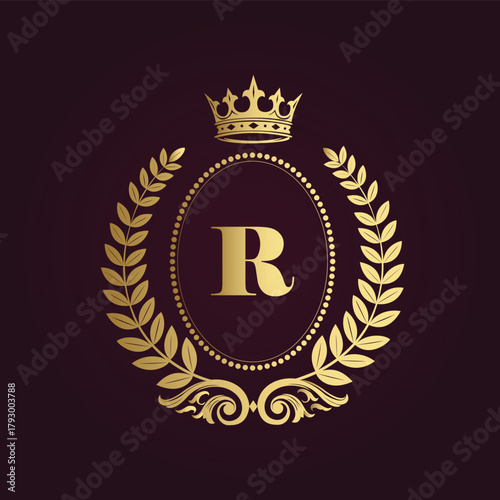 Golden crest with letter r, laurel wreath, and ornate details on a deep purple background