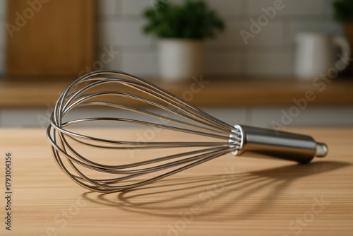 metal in daily life concept. Whisk on wooden countertop with blurred kitchen background.