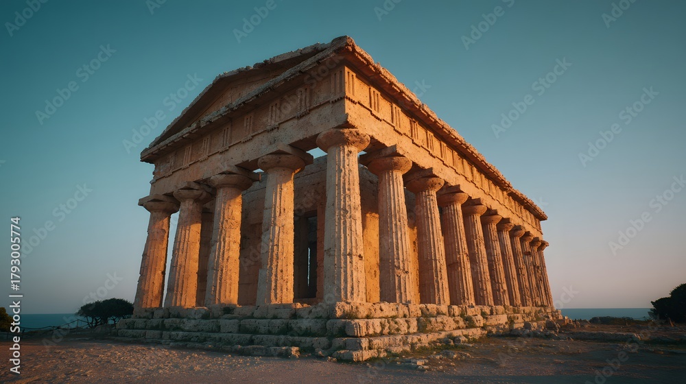 Obraz premium Ancient Doric temple structure stands illuminated by warm evening sunlight near the ocean