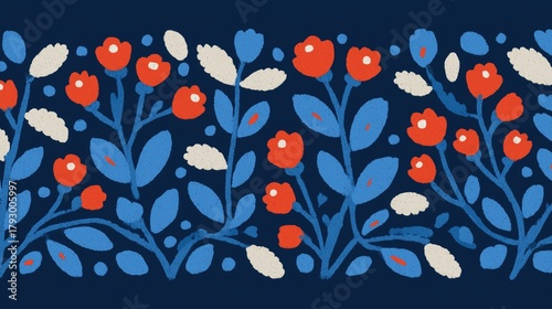 Vintage Floral Pattern with Red, Blue, and Cream Flowers on Navy Background, Ideal for Wallpaper, Poster, and Decorative Design Projects