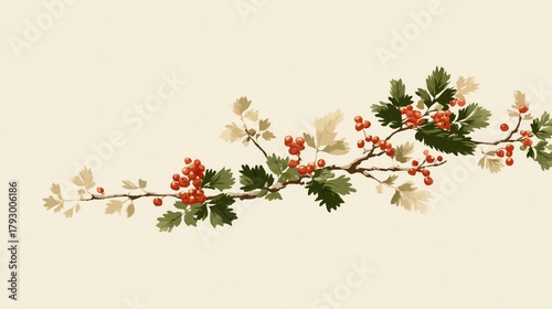 Vintage Botanical Illustration of Red Berry Branch with Green and Beige Leaves on Cream Background, Ideal for Wallpaper, Poster, and Festive Design Projects