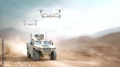 Armored vehicle with drone swarm defocused desert landscape, faceless autonomous combat, future visualization detail, blurred desolate background, military technology concept, inno