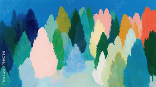 Abstract Colorful Tree Landscape Painting with Soft Pastel Hues of Blue, Pink, Green, and Yellow, Ideal for Wallpaper, Poster, and Modern Art Design Projects