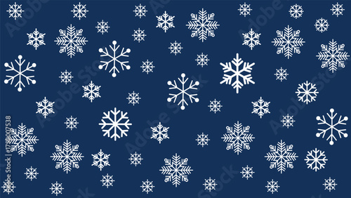 Seamless winter background featuring various sizes of scattered white snowflakes on a blue background. Simple and cold-toned vector pattern ideal for Christmas, New Year, holiday promotions.