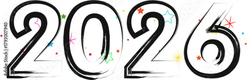 2026 New Year Celebration Brush Stroke Numbers with Colorful Stars