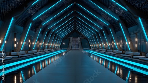 Fototapeta Naklejka Na Ścianę i Meble -  Symmetrical futuristic interior space features glowing cyan light strips and modular seating