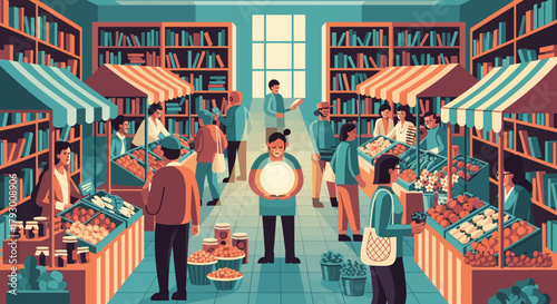 Vibrant marketplace scene with diverse shoppers browsing stalls filled with fresh produce and books