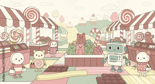 Whimsical Candy Land Fair A Charming Gathering of Sweet Treats and Cute Characters