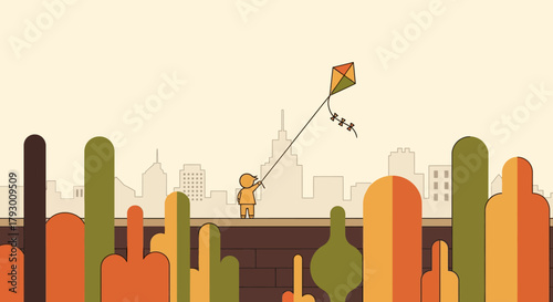 A Child's Kite Dreams Colorful Cityscape Adventure Illustration